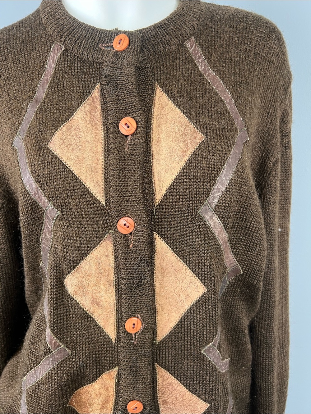 Knit Cardigan with Brown Geometric Faux Leather Appliqués - Picture 4 of 6